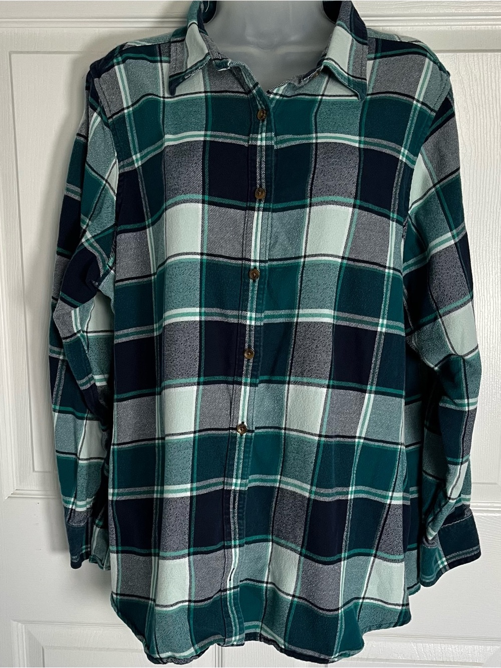Lands End 100% Cotton Flannel Plaid Shirt 20W Green Teal